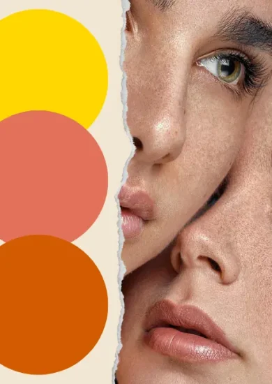 A creative design illustrating 'how to find warm undertone.' The image features a face divided into four sections with different skin tones, and three color swatches: yellow, peach, and terracotta, representing warm undertones.