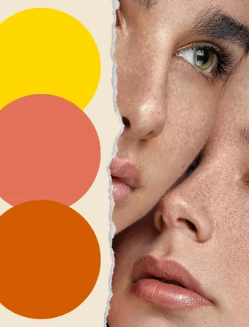 A creative design illustrating 'how to find warm undertone.' The image features a face divided into four sections with different skin tones, and three color swatches: yellow, peach, and terracotta, representing warm undertones.