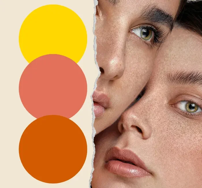 A creative design illustrating 'how to find warm undertone.' The image features a face divided into four sections with different skin tones, and three color swatches: yellow, peach, and terracotta, representing warm undertones.