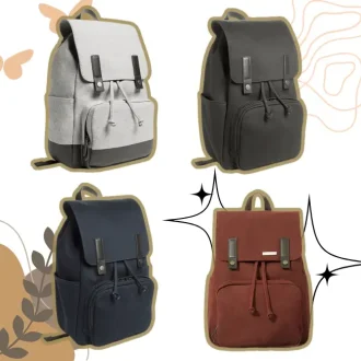 A collage featuring four stylish minimalist backpacks in different colors: gray, black, navy blue, and burgundy. Each minimalist backpack showcases a sleek, functional design with leather strap accents and spacious compartments, ideal for daily use.