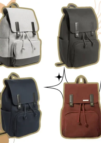 A collage featuring four stylish minimalist backpacks in different colors: gray, black, navy blue, and burgundy. Each minimalist backpack showcases a sleek, functional design with leather strap accents and spacious compartments, ideal for daily use.