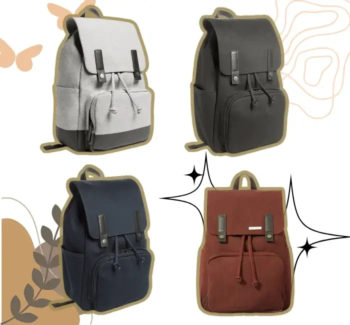 A collage featuring four stylish minimalist backpacks in different colors: gray, black, navy blue, and burgundy. Each minimalist backpack showcases a sleek, functional design with leather strap accents and spacious compartments, ideal for daily use.