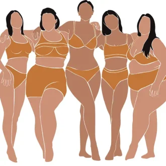 Illustration of five diverse women in bras and underwear, representing a range of curvy body types. From left to right, the figures vary from slimmer to fuller figures, showcasing different curvy silhouettes with toned, well-proportioned features in shades of brown and beige. This image highlights the beauty and diversity of curvy body types in modern fashion.