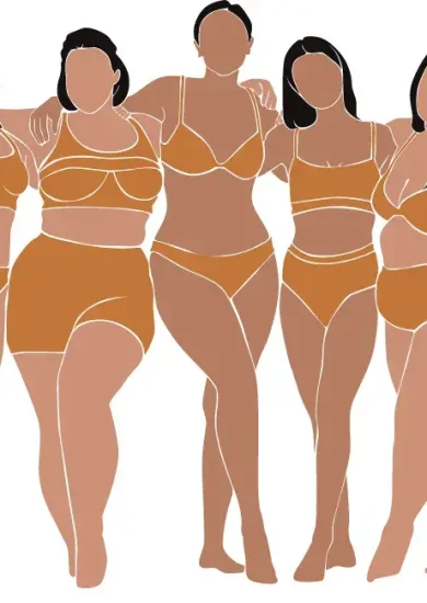 Illustration of five diverse women in bras and underwear, representing a range of curvy body types. From left to right, the figures vary from slimmer to fuller figures, showcasing different curvy silhouettes with toned, well-proportioned features in shades of brown and beige. This image highlights the beauty and diversity of curvy body types in modern fashion.