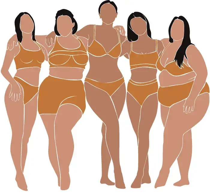 Illustration of five diverse women in bras and underwear, representing a range of curvy body types. From left to right, the figures vary from slimmer to fuller figures, showcasing different curvy silhouettes with toned, well-proportioned features in shades of brown and beige. This image highlights the beauty and diversity of curvy body types in modern fashion.