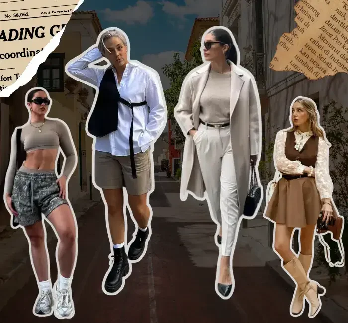 A collage of four women showcasing diverse style of clothes in urban settings. From left to right: the first woman sports an athleisure look with a cropped taupe top and camo shorts, paired with chunky sneakers. The second displays an androgynous style with a loose white shirt, beige shorts, and black boots. The third embodies a chic minimalist style with a grey turtleneck, white trousers, and a long beige coat, complemented by black flats. The fourth woman presents a preppy style with a lace blouse, brown skirt, and beige boots, holding a vintage camera. Each represents a unique fashion statement, blending seamlessly with the artistic, cut-out presentation against a collage background of urban scenery and newspaper textures.