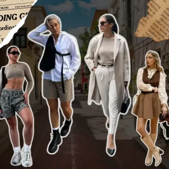 A collage of four women showcasing diverse style of clothes in urban settings. From left to right: the first woman sports an athleisure look with a cropped taupe top and camo shorts, paired with chunky sneakers. The second displays an androgynous style with a loose white shirt, beige shorts, and black boots. The third embodies a chic minimalist style with a grey turtleneck, white trousers, and a long beige coat, complemented by black flats. The fourth woman presents a preppy style with a lace blouse, brown skirt, and beige boots, holding a vintage camera. Each represents a unique fashion statement, blending seamlessly with the artistic, cut-out presentation against a collage background of urban scenery and newspaper textures.