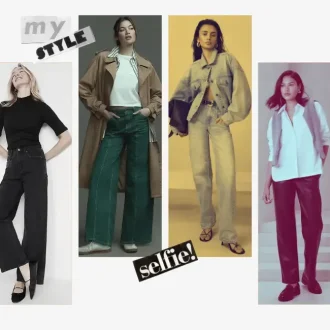 A stylish collage featuring four women in various outfits that highlight key clothes essentials. The looks include a black turtleneck with high-waist jeans, a beige trench coat layered over a white tee with green wide-leg pants, a denim jacket and jeans combo, and a white blouse paired with black trousers. The image emphasizes the versatility of these wardrobe staples for creating chic, timeless outfits.