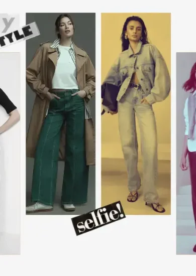 A stylish collage featuring four women in various outfits that highlight key clothes essentials. The looks include a black turtleneck with high-waist jeans, a beige trench coat layered over a white tee with green wide-leg pants, a denim jacket and jeans combo, and a white blouse paired with black trousers. The image emphasizes the versatility of these wardrobe staples for creating chic, timeless outfits.