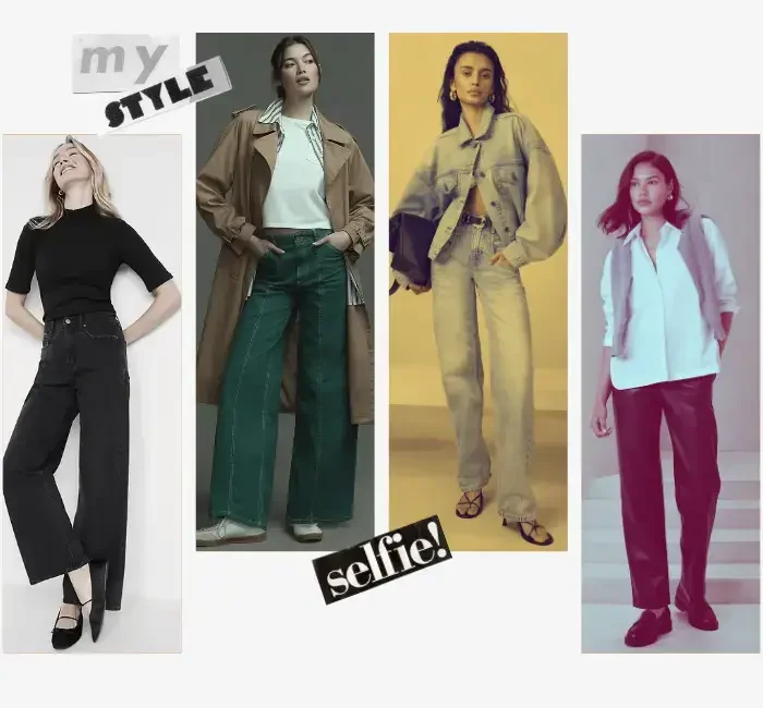 A stylish collage featuring four women in various outfits that highlight key clothes essentials. The looks include a black turtleneck with high-waist jeans, a beige trench coat layered over a white tee with green wide-leg pants, a denim jacket and jeans combo, and a white blouse paired with black trousers. The image emphasizes the versatility of these wardrobe staples for creating chic, timeless outfits.