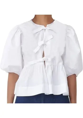 Cotton Poplin Peplum Tie Blouse