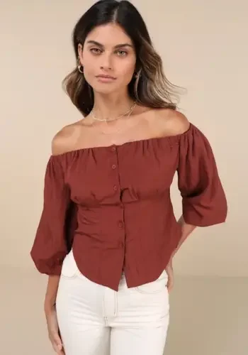 Rust Brown Puff Sleeve Off-the-Shoulder Top