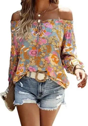 Sleeve Ruched Tie Front Floral Boho Top Blouse