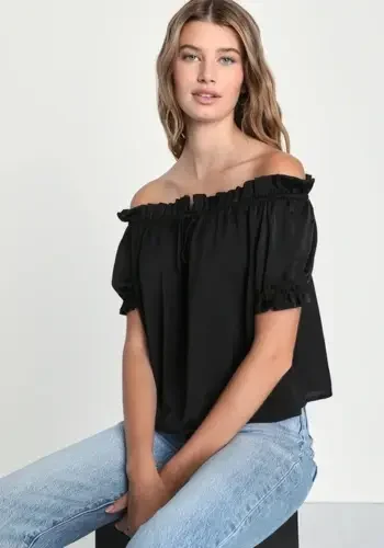 Darling Idea Black Satin Puff Sleeve Off-the-Shoulder Top