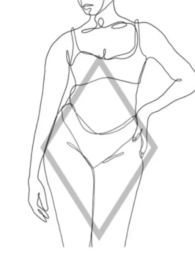 Line drawing of a woman with a Diamond Body Shape, characterized by narrow shoulders, a smaller bust, a fuller midsection, broader hips, and shapely legs. The body shape is highlighted by an outline of a diamond.
