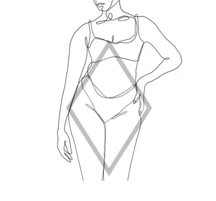 Line drawing of a woman with a Diamond Body Shape, characterized by narrow shoulders, a smaller bust, a fuller midsection, broader hips, and shapely legs. The body shape is highlighted by an outline of a diamond.