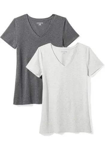 Two V-neck T-shirts in gray and white.