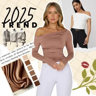 Collage showcasing 2025 trends featuring off the shoulder blouses in neutral tones, with styling ideas, fabric swatches, and fashion-forward inspiration.