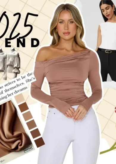 Collage showcasing 2025 trends featuring off the shoulder blouses in neutral tones, with styling ideas, fabric swatches, and fashion-forward inspiration.