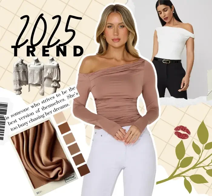 Collage showcasing 2025 trends featuring off the shoulder blouses in neutral tones, with styling ideas, fabric swatches, and fashion-forward inspiration.