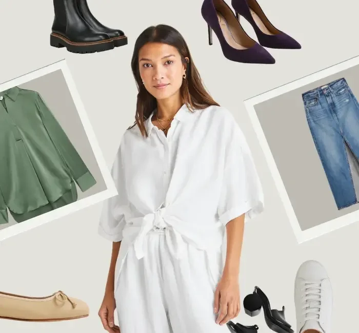 A woman models a white tie front blouse paired with high-waisted wide-leg jeans and ankle boots, exemplifying versatile tie front blouse outfit ideas for various occasions.