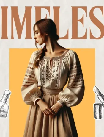 Timeless design featuring a woman in an embroidered peasant blouse of the 70s, showcasing vintage-inspired fashion with earthy tones and bohemian details.