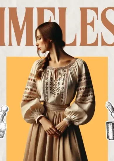 Timeless design featuring a woman in an embroidered peasant blouse of the 70s, showcasing vintage-inspired fashion with earthy tones and bohemian details.