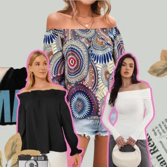 A collage featuring three Off the Shoulder Long Sleeve Blouse styles: a black flowy blouse, a white fitted blouse, and a vibrant patterned blouse paired with denim shorts, styled for different occasions.