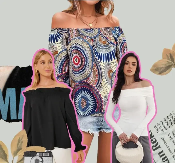 A collage featuring three Off the Shoulder Long Sleeve Blouse styles: a black flowy blouse, a white fitted blouse, and a vibrant patterned blouse paired with denim shorts, styled for different occasions.