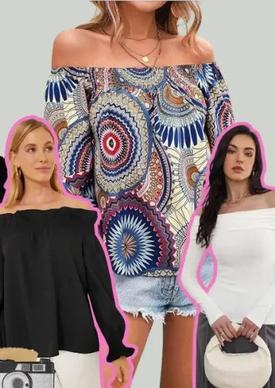 A collage featuring three Off the Shoulder Long Sleeve Blouse styles: a black flowy blouse, a white fitted blouse, and a vibrant patterned blouse paired with denim shorts, styled for different occasions.