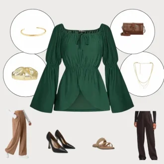 Green peasant blouse styled with accessories including gold jewelry, a brown leather bag, and black wide-leg pants; perfect for formal and casual looks. Style Peasant Blouses effortlessly.