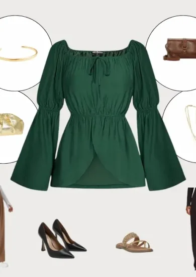 Green peasant blouse styled with accessories including gold jewelry, a brown leather bag, and black wide-leg pants; perfect for formal and casual looks. Style Peasant Blouses effortlessly.