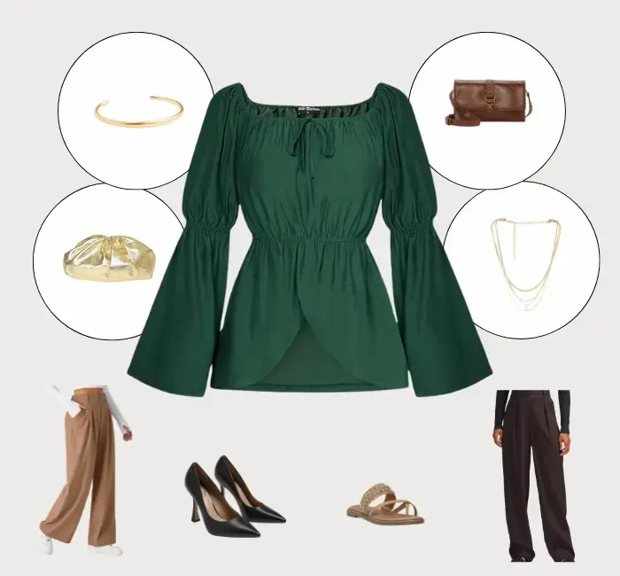 Green peasant blouse styled with accessories including gold jewelry, a brown leather bag, and black wide-leg pants; perfect for formal and casual looks. Style Peasant Blouses effortlessly.