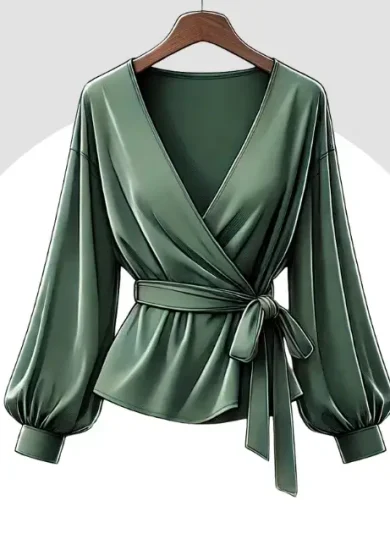 Elegant green wrap blouse featuring long puffed sleeves and a tied waist, perfect for creating a flattering and sophisticated silhouette.