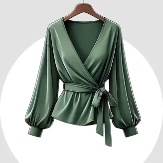 Elegant green wrap blouse featuring long puffed sleeves and a tied waist, perfect for creating a flattering and sophisticated silhouette.