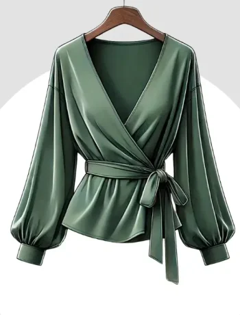 Elegant green wrap blouse featuring long puffed sleeves and a tied waist, perfect for creating a flattering and sophisticated silhouette.