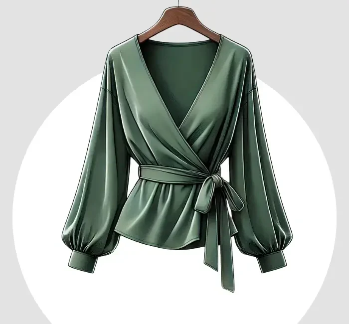 Elegant green wrap blouse featuring long puffed sleeves and a tied waist, perfect for creating a flattering and sophisticated silhouette.