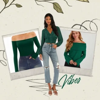 Collage showcasing emerald off the shoulder blouses, featuring stylish long sleeve designs paired with jeans and casual accessories for chic outfit inspiration.