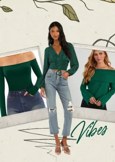 Collage showcasing emerald off the shoulder blouses, featuring stylish long sleeve designs paired with jeans and casual accessories for chic outfit inspiration.