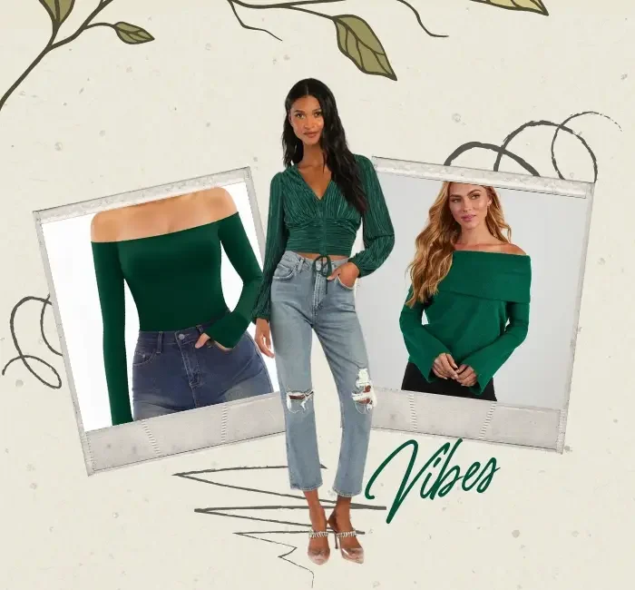 Collage showcasing emerald off the shoulder blouses, featuring stylish long sleeve designs paired with jeans and casual accessories for chic outfit inspiration.