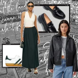 A stylish fall capsule wardrobe featuring a chic black maxi skirt paired with a sleeveless white top, accessorized with a small black handbag and sandals. A second outfit includes a black leather jacket layered over a gray sweater and white cropped tee, styled with straight-leg jeans and black loafers. The collage highlights versatile footwear, including black loafers and white sneakers, showcasing how these essential pieces can be mixed and matched for a trendy yet timeless fall look.