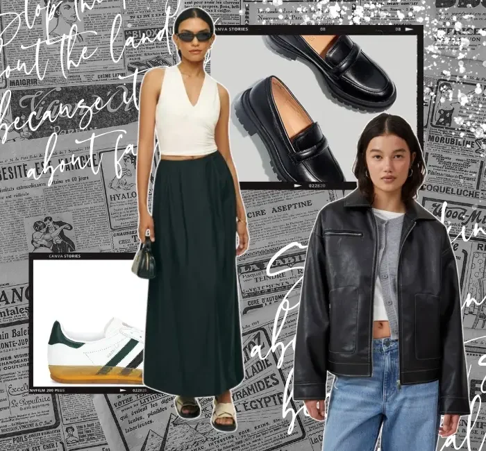 A stylish fall capsule wardrobe featuring a chic black maxi skirt paired with a sleeveless white top, accessorized with a small black handbag and sandals. A second outfit includes a black leather jacket layered over a gray sweater and white cropped tee, styled with straight-leg jeans and black loafers. The collage highlights versatile footwear, including black loafers and white sneakers, showcasing how these essential pieces can be mixed and matched for a trendy yet timeless fall look.