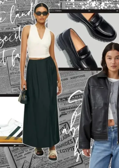 A stylish fall capsule wardrobe featuring a chic black maxi skirt paired with a sleeveless white top, accessorized with a small black handbag and sandals. A second outfit includes a black leather jacket layered over a gray sweater and white cropped tee, styled with straight-leg jeans and black loafers. The collage highlights versatile footwear, including black loafers and white sneakers, showcasing how these essential pieces can be mixed and matched for a trendy yet timeless fall look.