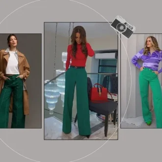 Featured image for the article 'How to Use Complementary Colors in Fashion' showcasing three stylish outfits. The first model is wearing a brown trench coat with green pants and a white shirt, the second model is in a red top paired with green wide-leg pants, and the third model sports a purple patterned top with green pants. The background is a neutral grey, with a camera icon adding a chic touch.