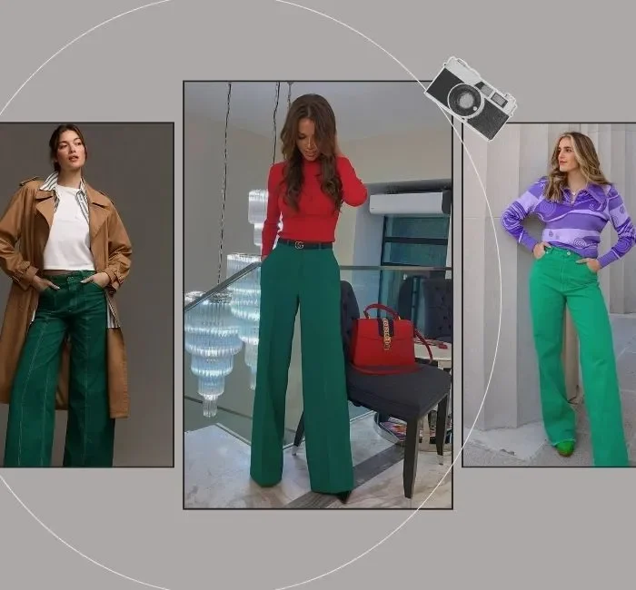 Featured image for the article 'How to Use Complementary Colors in Fashion' showcasing three stylish outfits. The first model is wearing a brown trench coat with green pants and a white shirt, the second model is in a red top paired with green wide-leg pants, and the third model sports a purple patterned top with green pants. The background is a neutral grey, with a camera icon adding a chic touch.