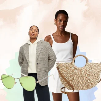 Two women showcasing pieces from a minimalist summer wardrobe. One wears an oversized blazer with a hoodie and trousers, while the other models a white tank dress. Accessories include green-tinted sunglasses and a straw tote bag.