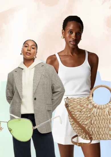 Two women showcasing pieces from a minimalist summer wardrobe. One wears an oversized blazer with a hoodie and trousers, while the other models a white tank dress. Accessories include green-tinted sunglasses and a straw tote bag.