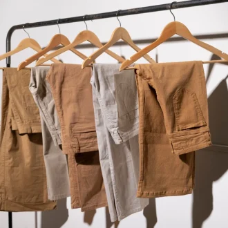 An assortment of beige-toned pants neatly hung on a hanger, showcasing a variety of styles perfect for a minimalist wardrobe.