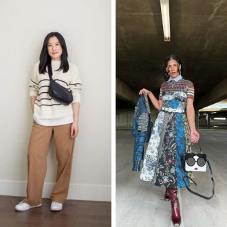 Two women displaying Minimalist vs. Maximalist Fashion outfits side by side