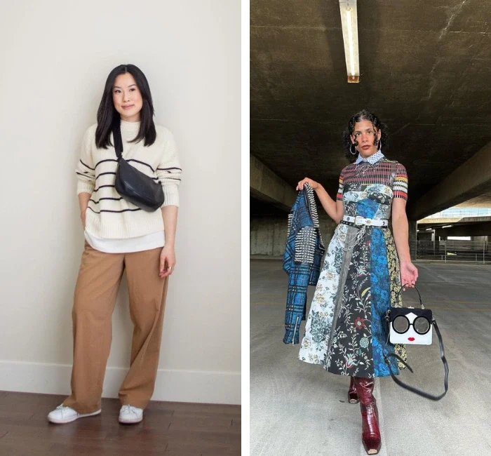 Two women displaying Minimalist vs. Maximalist Fashion outfits side by side